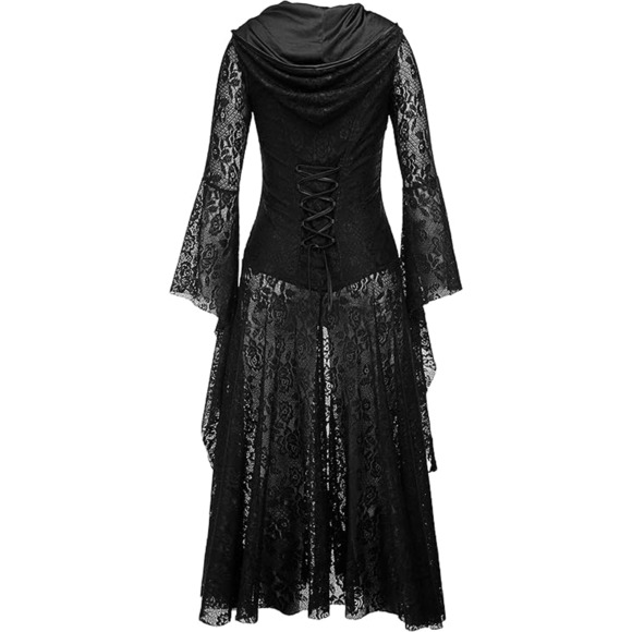 Whismigoth Fairy Victorian Hooded Black Lace Cardigan Dress Gothic Witchy 2XL - Picture 2 of 5